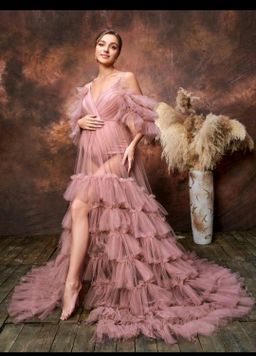 Maternity Cold Shoulder Ruffle Trim Mesh Dress