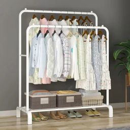 Straight Double Clothes Rack with 2 Bottom Shelf Storage Organizer 