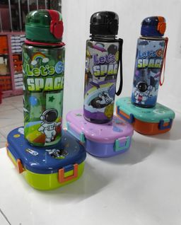 Combo Kids Space/dino cartoon  themed partitioned Snack box with unbreakable water bottle