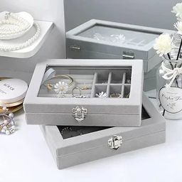 Velvet Carrying Case with Glass Cover Flocking Jewelry Storage Box