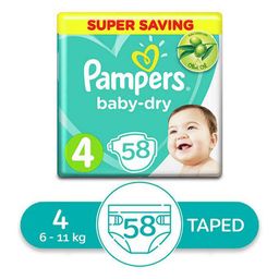 Pampers Diapers Baby Dry - 58 Diapers (4-11) KG SIZE 4