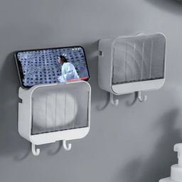 Wall Mounted Drain Soap Dish Holder with Case and Hooks