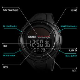  Fashion Solar Power Outdoor Sports Watch Multifunctional 50m Waterproof Men Digital Watch(Black)