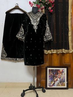 3pc Velvet Kurti Palazzo Set
