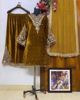 3pc Velvet Kurti Palazzo Set