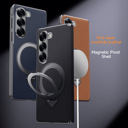 For Samsung Galaxy Z Fold 5 SULADA Top Grain Leather MagSafe Magnetic Holder Phone Case(Brown)