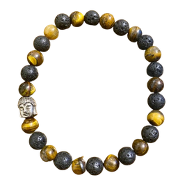 Pulsera Ojo de tigre/Piedra volcanica con dije cabeza de Buda
