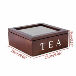 Wooden 9 Grids Tea Box Tea Bags Container Storage Box Case Transparent Top Lid