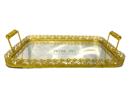 Golden Square Metallic Tray With Glass Base Small