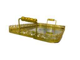 Golden Square Metallic Tray With Glass Base Small