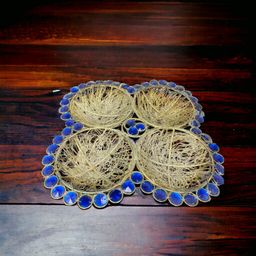 Square Silver Four Pouches Artificial Stone Metal Tray-Blue/260x260x40