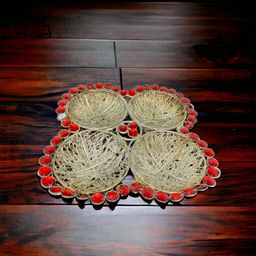 Square Silver Four Pouches Artificial Stone Metal Tray-Red/260x260x40