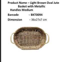 Handle Light Brown Oval Jute Basket With Metallic Handles Medium 36 X 26 X 7