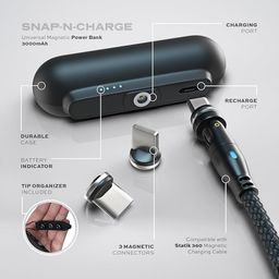 Statik Snap-N-Charge Mini chargeur portable pour iPhone, batterie externe magnétique, batterie 3 000 mAh 10 W, embouts magnétiques 3 en 1 USB C, micro USB et iProduct, Powerbank compact noir élégant