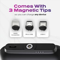 Statik Snap-N-Charge Mini chargeur portable pour iPhone, batterie externe magnétique, batterie 3 000 mAh 10 W, embouts magnétiques 3 en 1 USB C, micro USB et iProduct, Powerbank compact noir élégant