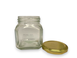 Square Bottle with Golden Metal Cap Glass Jar 63mm Lug 250ml