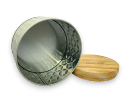 Grey Cylindrical Metal Box with Wooden Print Lid