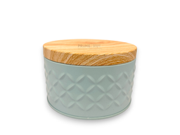 Blue Cylindrical Metal Box with Wooden Print Lid