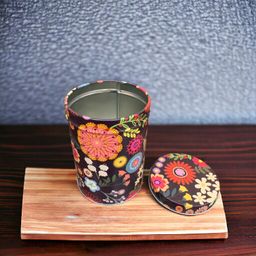 Black Cylindrical Floral Print Metal Container With Lid