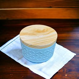 Blue Cylindrical Metal Box with Wooden Print Lid 100g