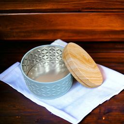 Blue Cylindrical Metal Box with Wooden Print Lid 100g