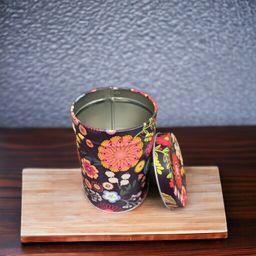 Black Cylindrical Floral Print Metal Container With Lid