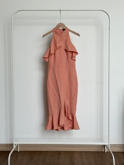 Doublewooot Mandarin Collar Frill Bodycon Dress in Peach