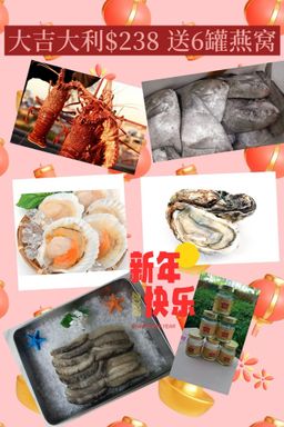 新年配套只限15套 $238 送6罐燕窝 野生A级斗昌1条1.1-1.3kg 活奥州龙虾🦞 2只 470-490g  冰冻扇贝 7/10 1包 1公斤 野生冰冻海参 1包 1公斤（兔参） 活生蚝 3/4 6粒  （要杀或真空请备注）