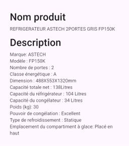 Réfrigérateur Astech 2portes 150L A++