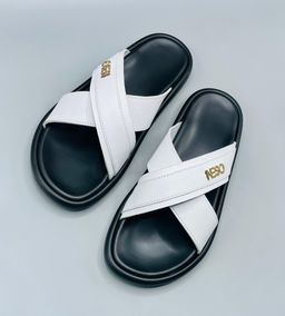 Mens White Cross-Strap Leather Slides