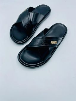 Mens Black Cross-Strap Leather Slides