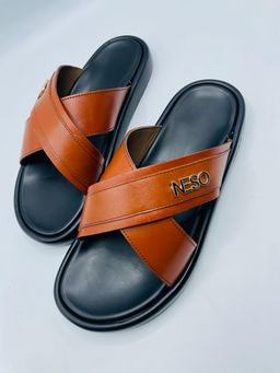 Mens Brown Cross-Strap Leather Slides