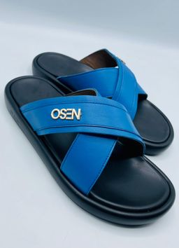 Mens Blue Cross-Strap Leather Slides