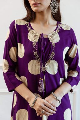 Purple Polka Cotton Kurta Pant Set