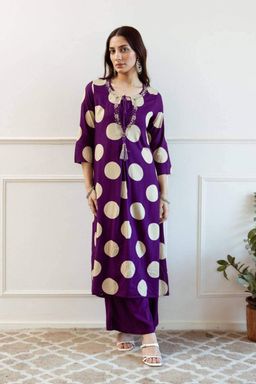 Purple Polka Cotton Kurta Pant Set