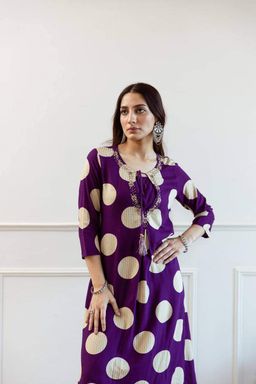 Purple Polka Cotton Kurta Pant Set