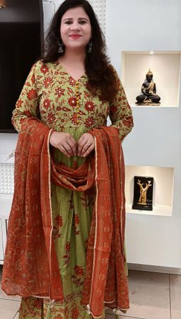 Mal-Cotton Hand Block Anarkali with Kota DORIYA Dupatta , Green Color  D.No. 575