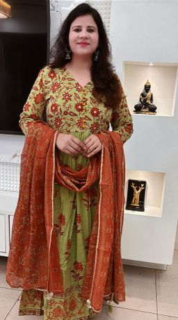 Mal-Cotton Hand Block Anarkali with Kota DORIYA Dupatta , Green Color  D.No. 575