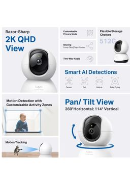 Tapo 2K QHD Indoor Pan/Tilt Security Wi-Fi Camera, AI Detection,360 Visual Coverage, Night Vision, Customizable privacy Mode, Cloud &Local Storage, Works with Alexa&Google Home(Tapo C220)  - TAPOC220