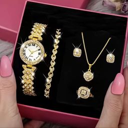 Women's Luxury Women's Watch Five Piece Bracelet Set, Fashionable Quartz Watch, Elegant Rhinestone Glass Accessory