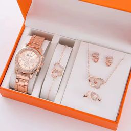 2024 Fashion Women Quartz Watch 6PCS Set Luxury Watch Ladies Ring Necklace Earrings Rhinestone Fashion Watch Set