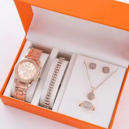 2024 Fashion Women Quartz Watch 6PCS Set Luxury Watch Ladies Ring Necklace Earrings Rhinestone Fashion Watch Set