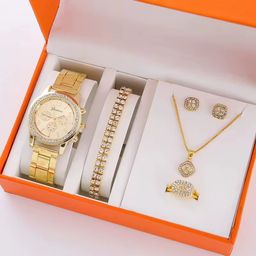 2024 Fashion Women Quartz Watch 6PCS Set Luxury Watch Ladies Ring Necklace Earrings Rhinestone Fashion Watch Set