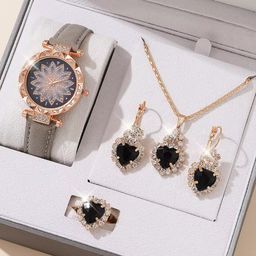 Women's 5-piece Set Zircon Fashion Set Personalized Gift Love Heart Shaped Pendant Necklace Watch Crystal Jewelry Set for Women 