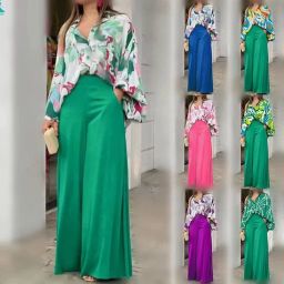2Piece Set New 2022 Printed Casual Suit Loose Large Lapel Shirt High Waist Flare Pants Two Piece Set