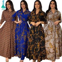 Latest Design Middle East Muslim Dress Indonesia Vintage Print Large Swing Skirt Shirt Dress Elegant Casual Dresses