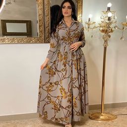 Latest Design Middle East Muslim Dress Indonesia Vintage Print Large Swing Skirt Shirt Dress Elegant Casual Dresses