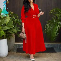 Wholesale Ladies Long Dress With Belt Women's Clothing Party Pleated Dress Long Sleeve Women's