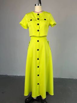 Hk7536 Latest Design Summer Outfits for Women O-neck Short Sleeve Top and High Waist Breasted Skirt Two Piece Set Women Clothing