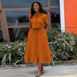 Hk7536 Latest Design Summer Outfits for Women O-neck Short Sleeve Top and High Waist Breasted Skirt Two Piece Set Women Clothing